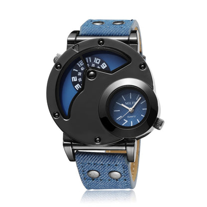 Men's Quartz Watch - Vintage 's Big Dial Dual Time Zone PU Leather Strap Business Analog - product detail view 5