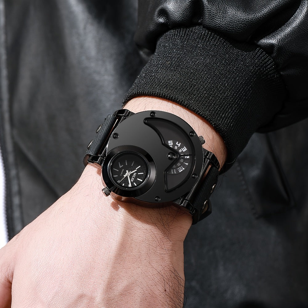 Men's Quartz Watch - Vintage 's Big Dial Dual Time Zone PU Leather Strap Business Analog - product detail view 8