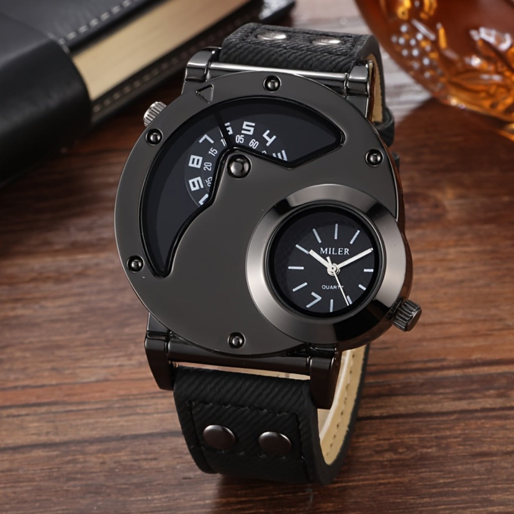 Men's Quartz Watch - Vintage 's Big Dial Dual Time Zone PU Leather Strap Business Analog - product detail view 10