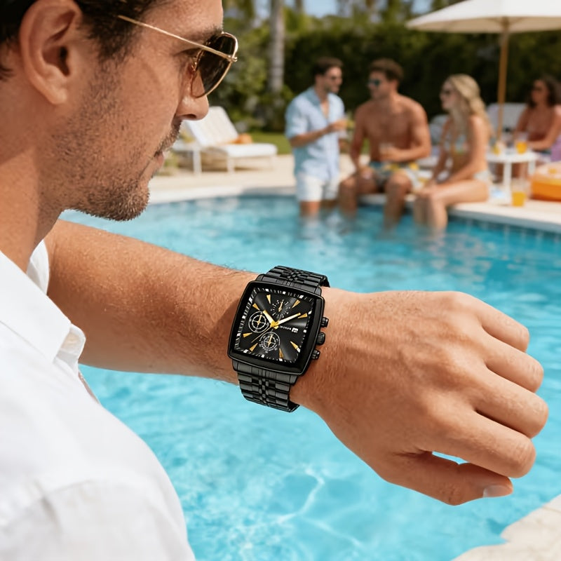 Men's Quartz Watch - Vintage Square 's Fashion Calendar Wristwatch with Alloy Case & Stainless - product detail view 18
