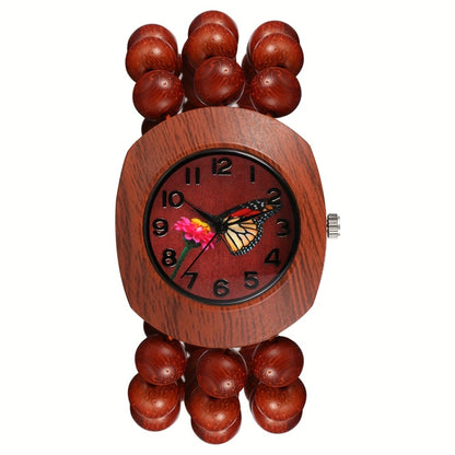 Women's Quartz Watch - Wood Beaded for Boho Elastic Bracelet Band, Butterfly Dial, Arabic - product detail view 3