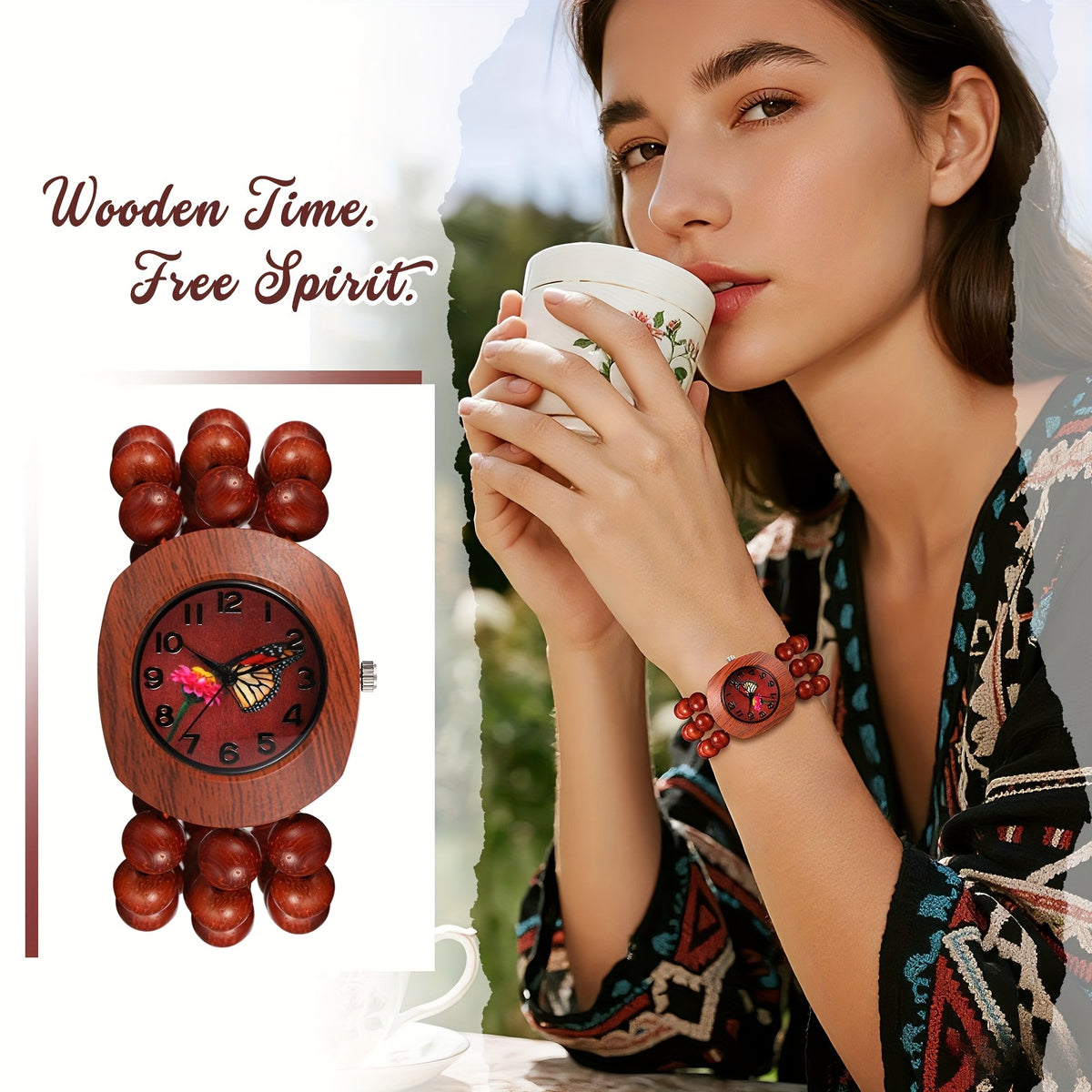 Women's Quartz Watch - Wood Beaded for Boho Elastic Bracelet Band, Butterfly Dial, Arabic - product detail view 11