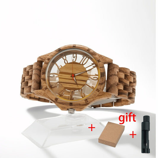 Men's Quartz Watch - Wooden for Zebrawood Hollow Transparent Dial Wristwatch, Natural Wood - main product view