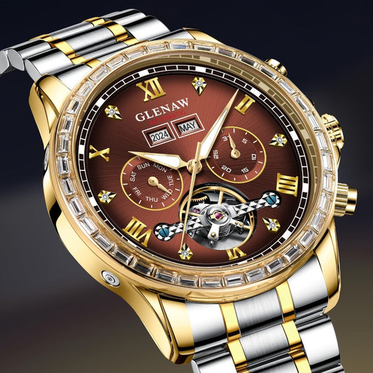 Men's Watch - GLENAW Luxury Automatic Mechanical for - Rhinestone Gold Tone Case - main product view
