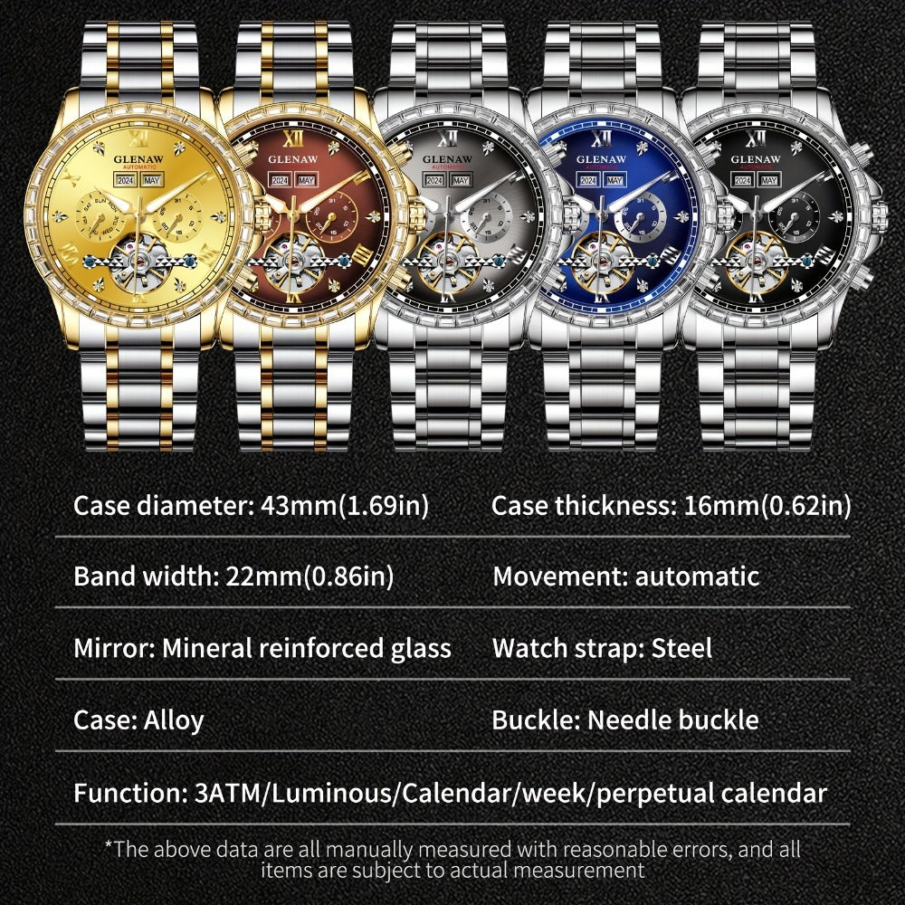 Men's Watch - GLENAW Luxury Automatic Mechanical for - Rhinestone Gold Tone Case - product detail view 2