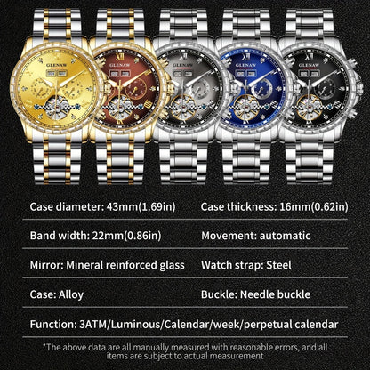 Men's Watch - GLENAW Luxury Automatic Mechanical for - Rhinestone Gold Tone Case - product detail view 2