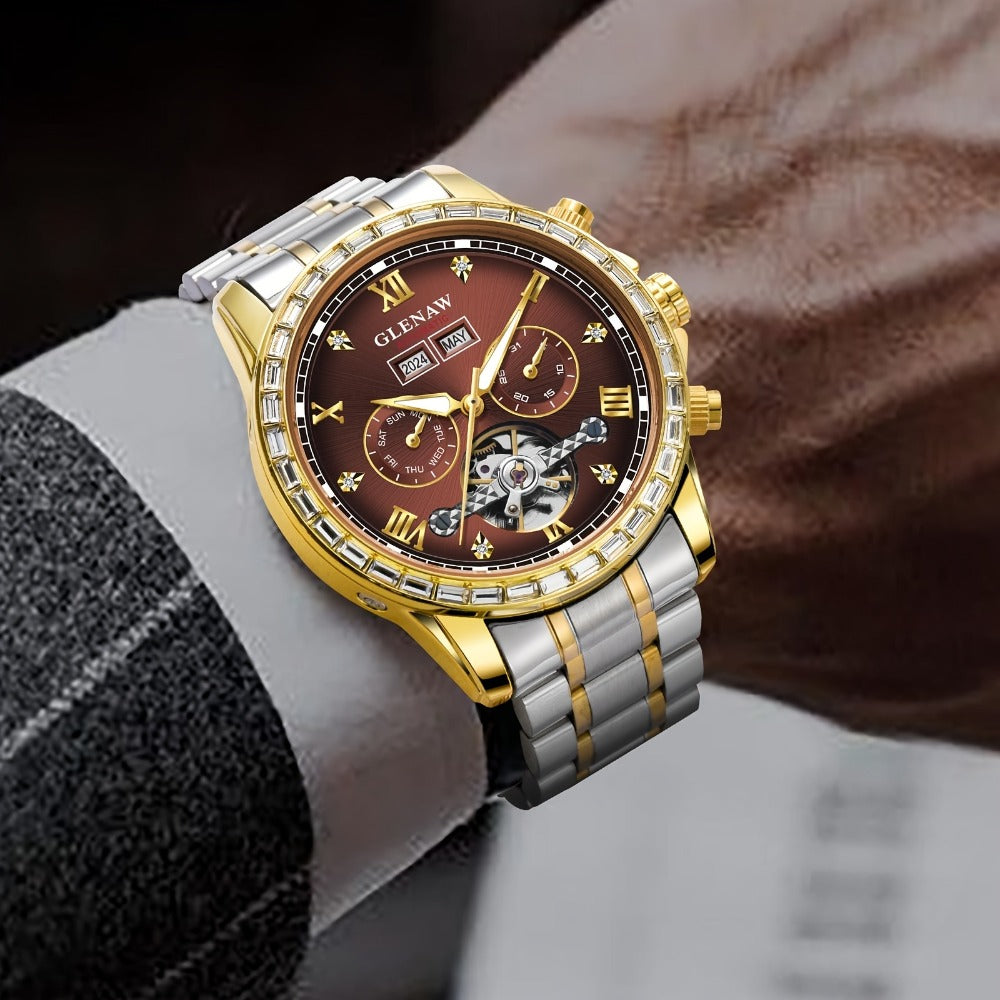 Men's Watch - GLENAW Luxury Automatic Mechanical for - Rhinestone Gold Tone Case - product detail view 3