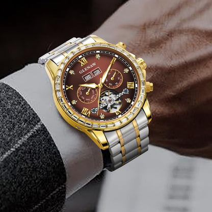 Men's Watch - GLENAW Luxury Automatic Mechanical for - Rhinestone Gold Tone Case - product detail view 3