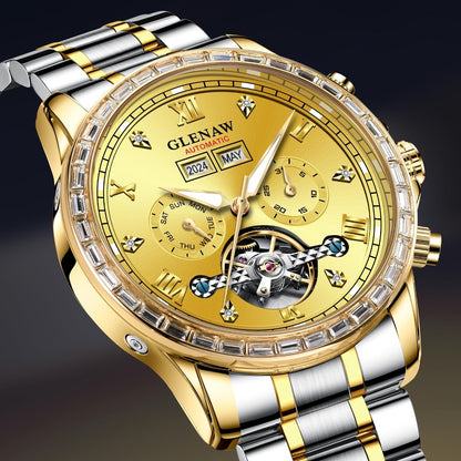 Men's Watch - GLENAW Luxury Automatic Mechanical for - Rhinestone Gold Tone Case - product detail view 4