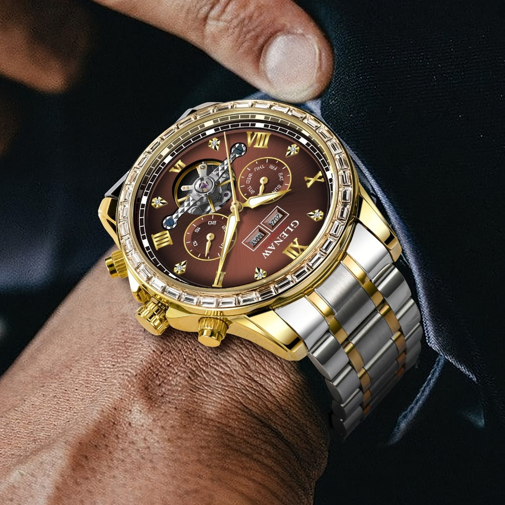 Men's Watch - GLENAW Luxury Automatic Mechanical for - Rhinestone Gold Tone Case - product detail view 5