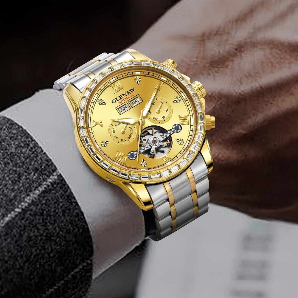 Men's Watch - GLENAW Luxury Automatic Mechanical for - Rhinestone Gold Tone Case - product detail view 7