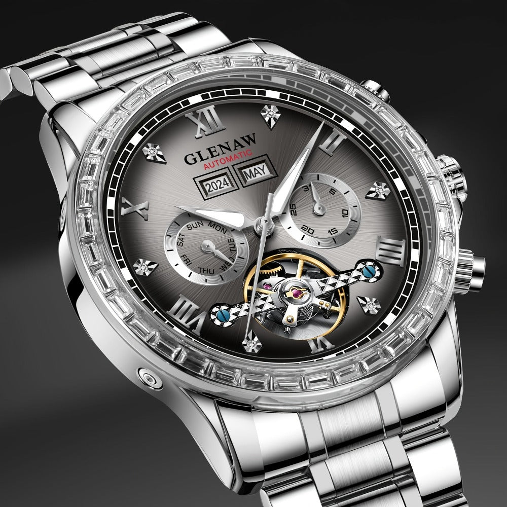 Men's Watch - GLENAW Luxury Automatic Mechanical for - Rhinestone Gold Tone Case - product detail view 8