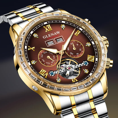 Men's Watch - GLENAW Luxury Automatic Mechanical for - Rhinestone Gold Tone Case - product detail view 12