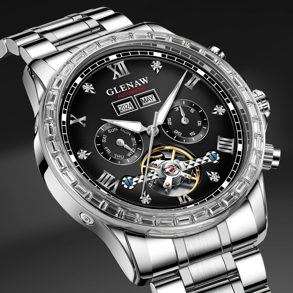 Men's Watch - GLENAW Luxury Automatic Mechanical for - Rhinestone Gold Tone Case - product detail view 14