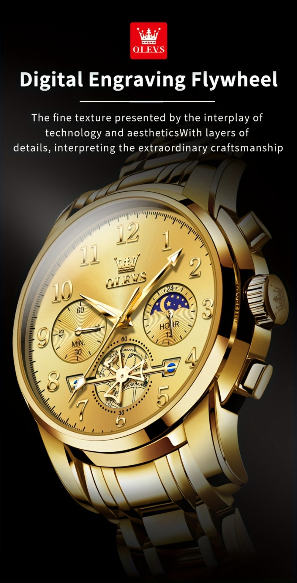 Men's Watch - OLEVS Big Face for - Luxury Stainless Steel Luminous Dress , Easy to Read - product detail view 20
