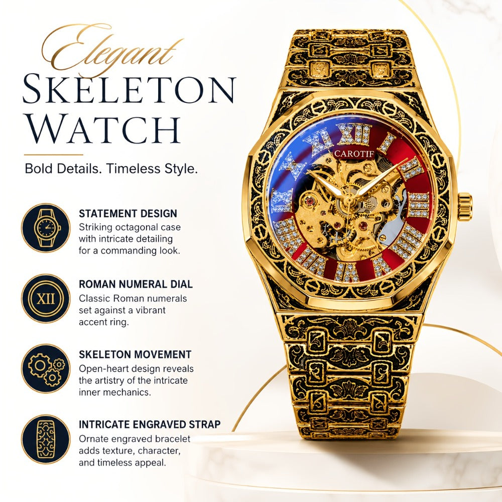 Men's Watch - 's Automatic Mechanical Rose Carving Retro Gold Steel Bracelet Classical - product detail view 2