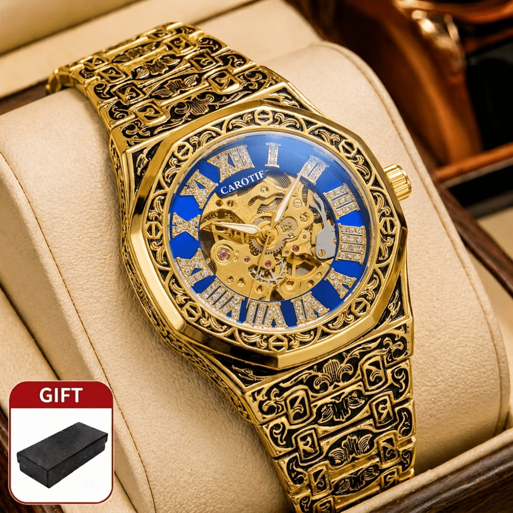 Men's Watch - 's Automatic Mechanical Rose Carving Retro Gold Steel Bracelet Classical - product detail view 5