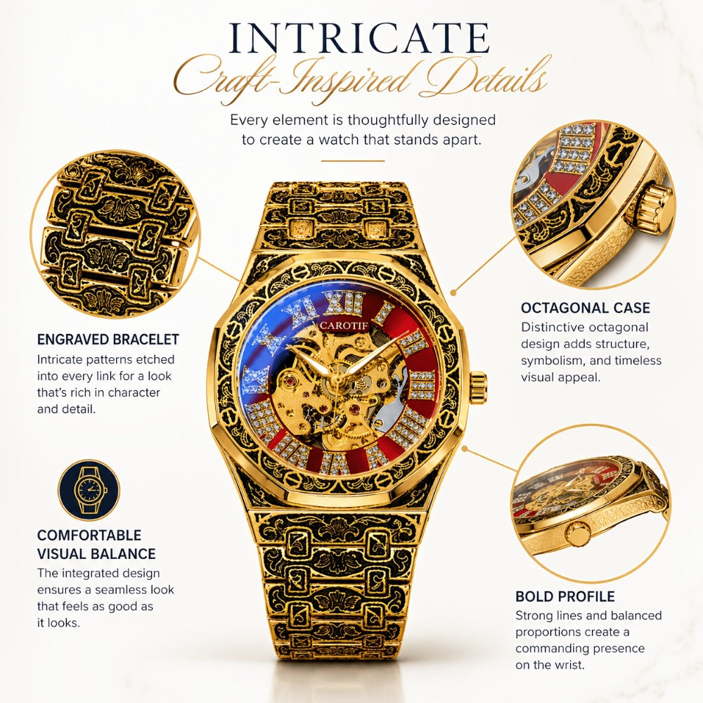 Men's Watch - 's Automatic Mechanical Rose Carving Retro Gold Steel Bracelet Classical - product detail view 9