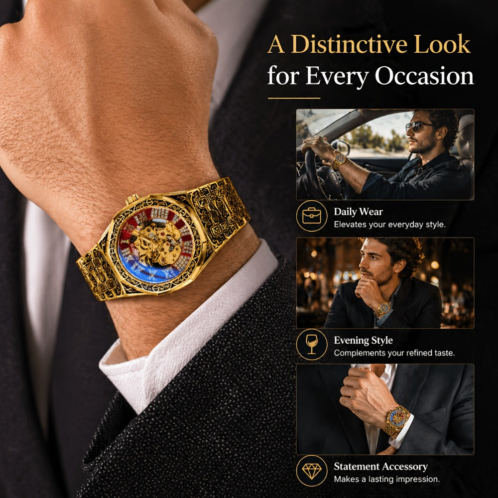 Men's Watch - 's Automatic Mechanical Rose Carving Retro Gold Steel Bracelet Classical - product detail view 10