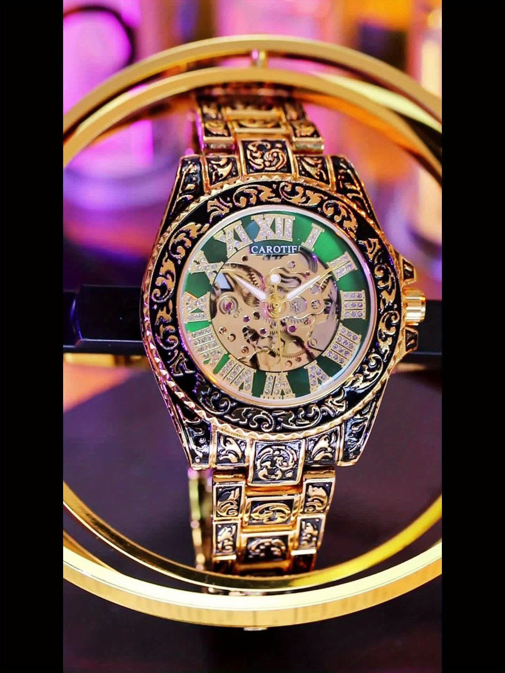 Men's Watch - 's Automatic Mechanical Rose Carving Retro Gold Steel Bracelet Classical - product detail view 11