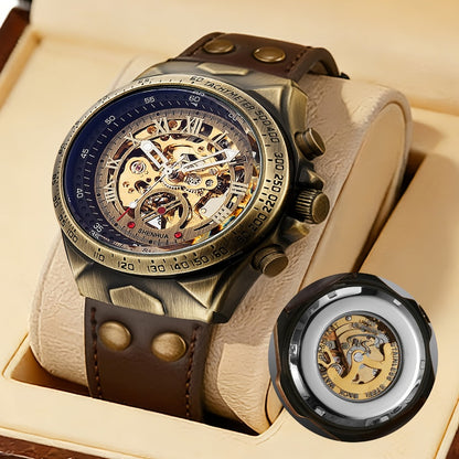 Men's Watch - 's Automatic Mechanical Skeleton Retro Roman Numeral Hollow Dial Leather - main product view