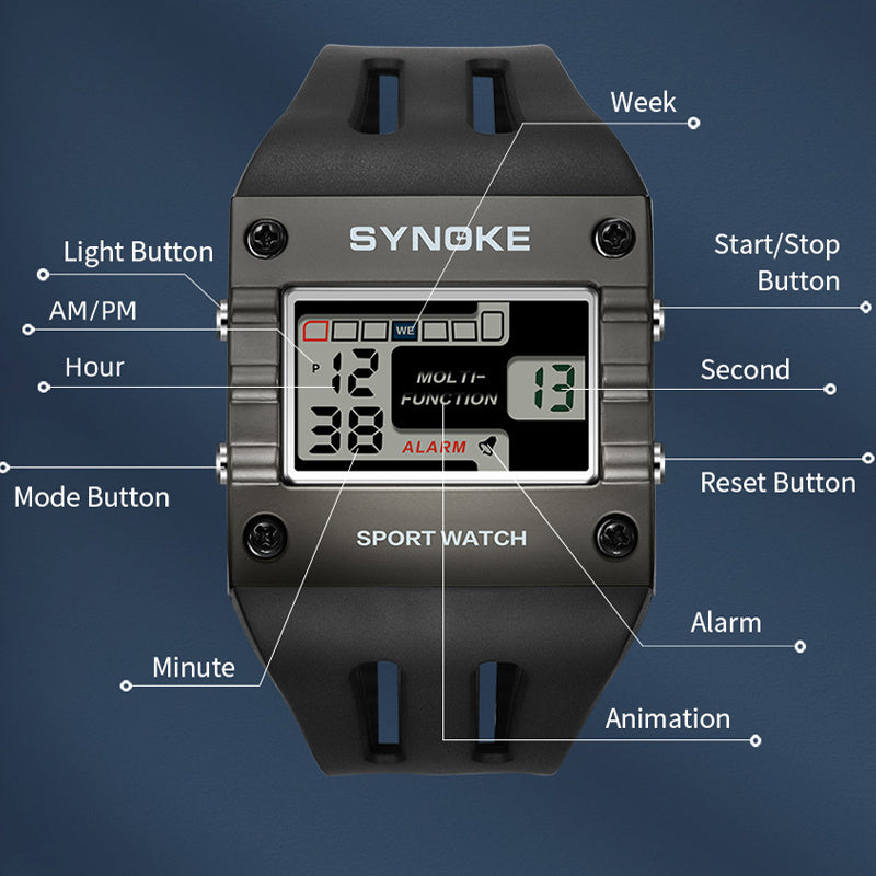 Men's Watch - 's Digital LED Rectangle Large Face, Easy-to-Read Display, Multifunctional - product detail view 3
