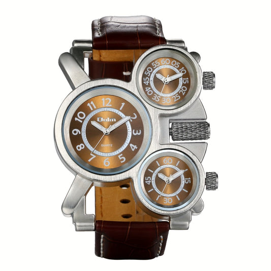 Men's Watch - 's PU Leather Strap Triple Time Zone Dial, Trendy Fashion Wristwatch - main product view