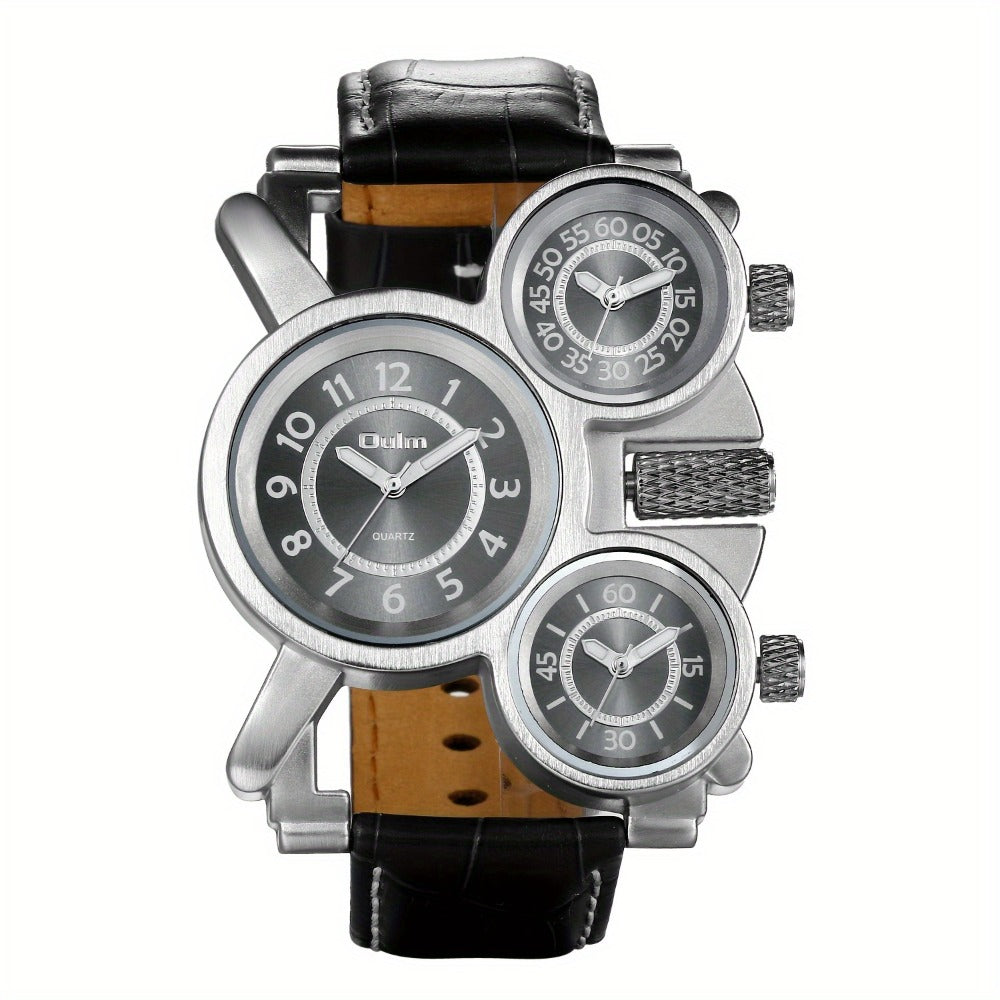 Men's Watch - 's PU Leather Strap Triple Time Zone Dial, Trendy Fashion Wristwatch - product detail view 4
