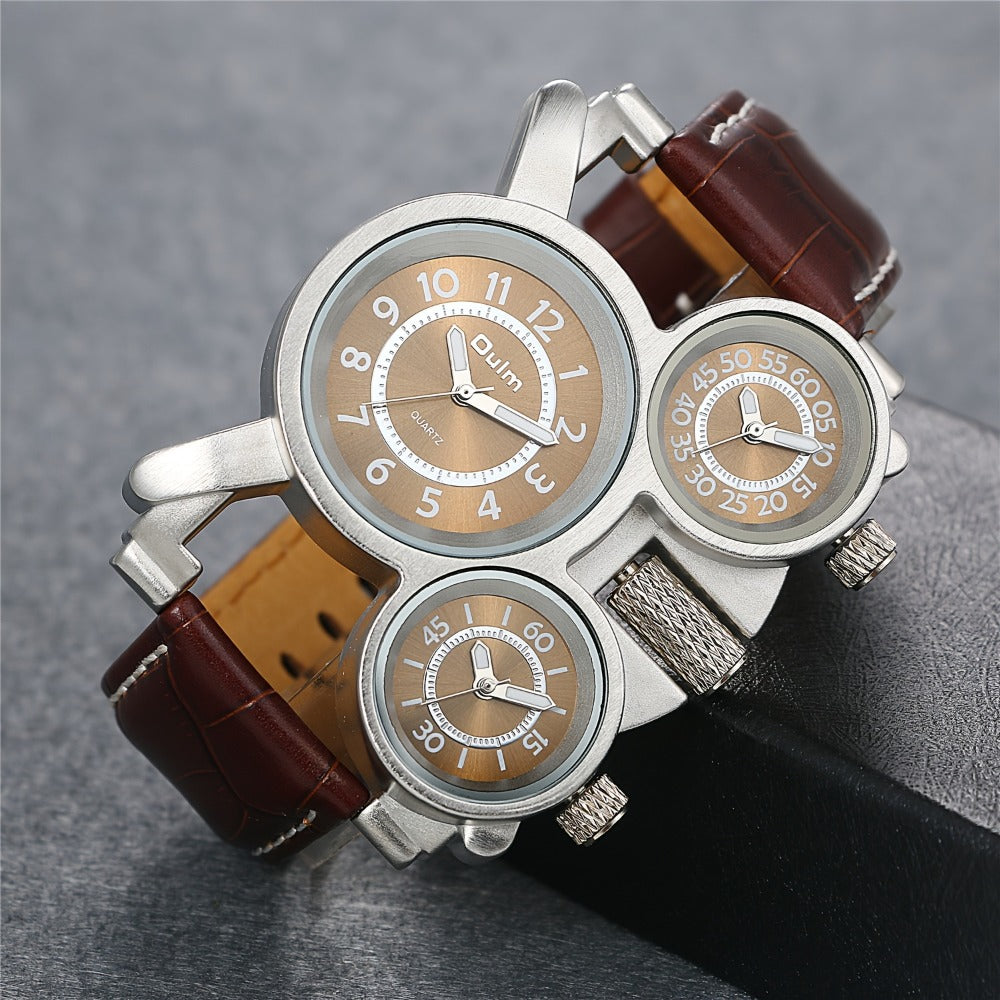Men's Watch - 's PU Leather Strap Triple Time Zone Dial, Trendy Fashion Wristwatch - product detail view 5