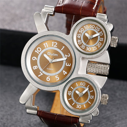 Men's Watch - 's PU Leather Strap Triple Time Zone Dial, Trendy Fashion Wristwatch - product detail view 6