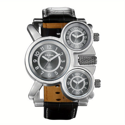Men's Watch - 's PU Leather Strap Triple Time Zone Dial, Trendy Fashion Wristwatch - product detail view 9