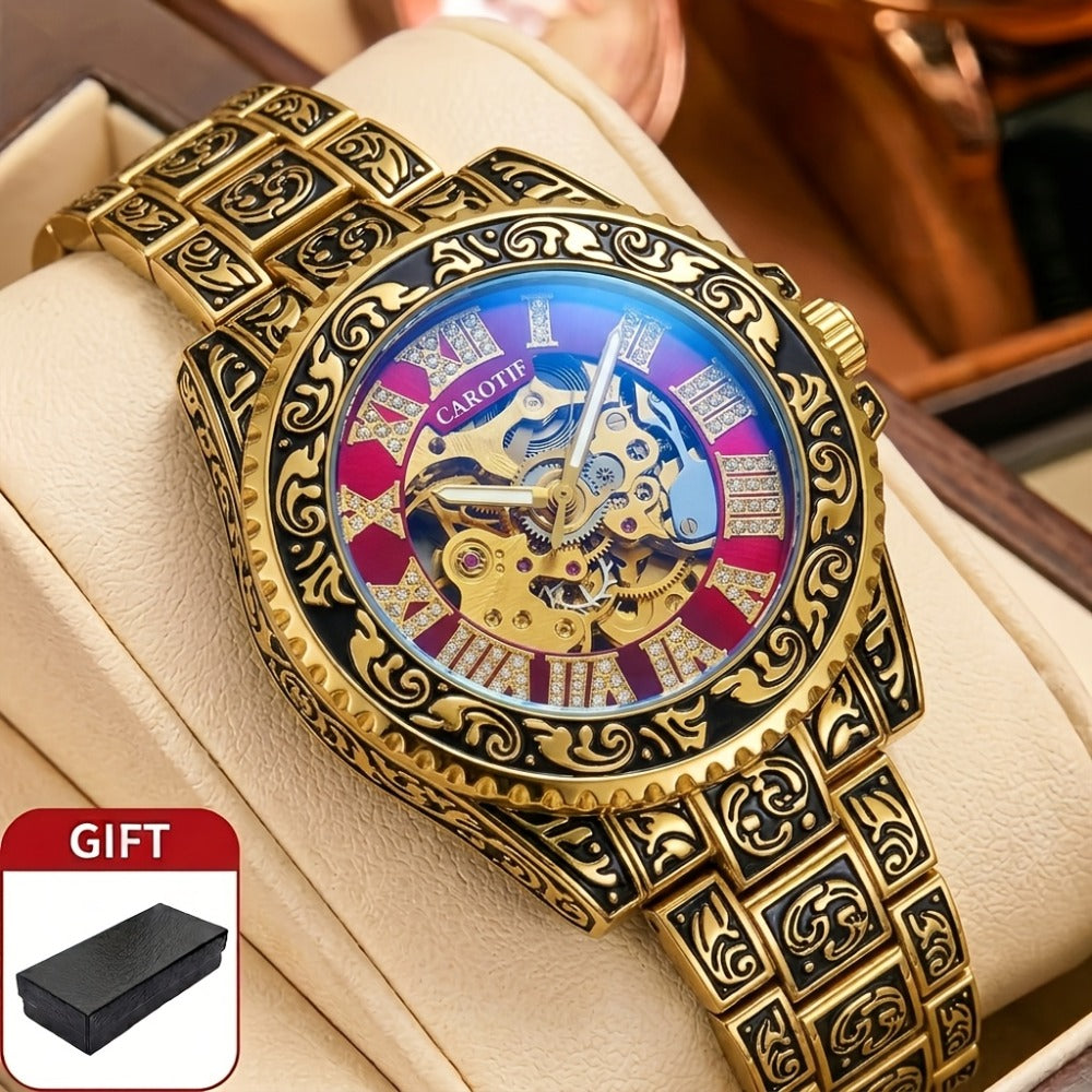 Men's Watch - 's Retro Skeleton Luminous with Steel Band - Vintage Carved - main product view