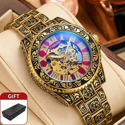 Men's Watch - 's Retro Skeleton Luminous with Steel Band - Vintage Carved - main product view