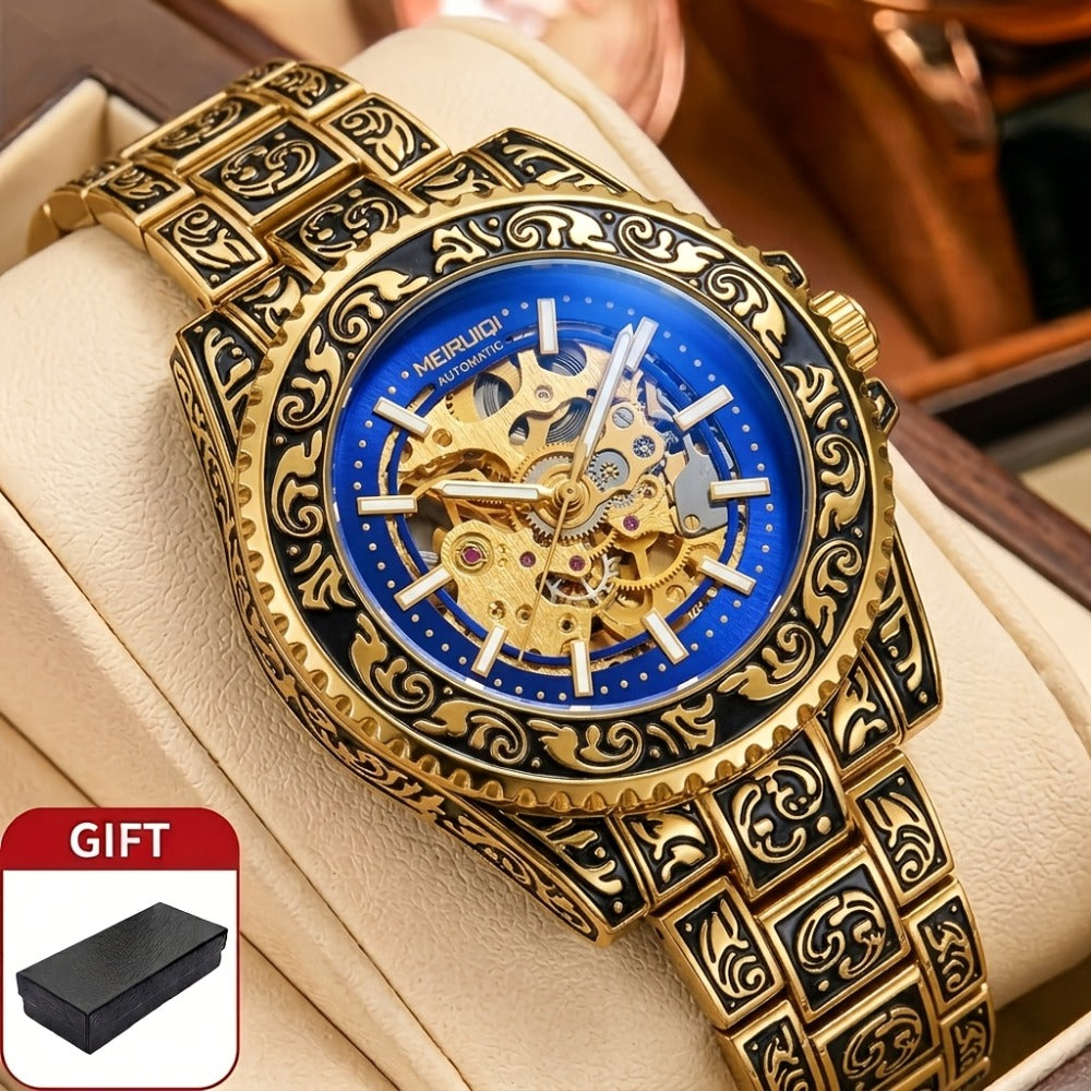 Men's Watch - 's Retro Skeleton Luminous with Steel Band - Vintage Carved - product detail view 4