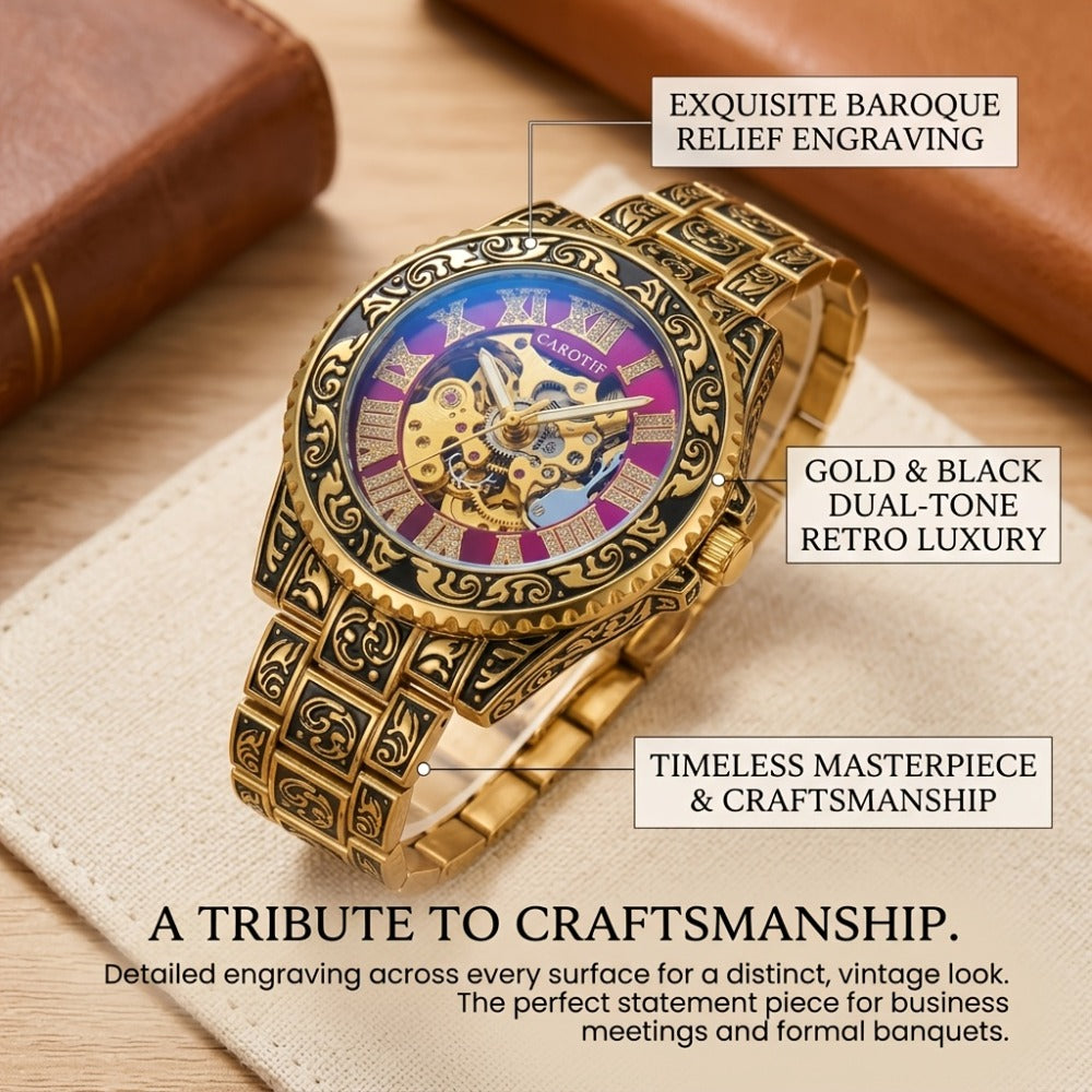 Men's Watch - 's Retro Skeleton Luminous with Steel Band - Vintage Carved - product detail view 5