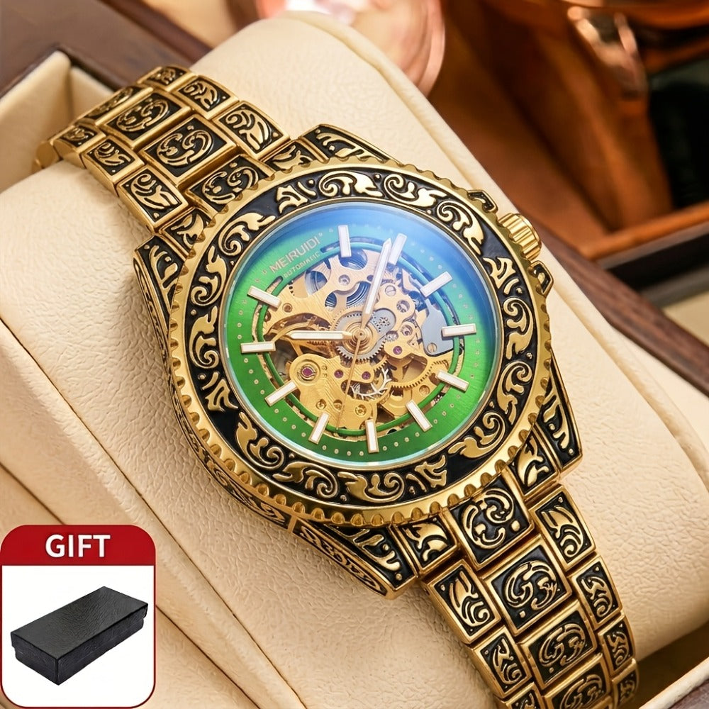 Men's Watch - 's Retro Skeleton Luminous with Steel Band - Vintage Carved - product detail view 6