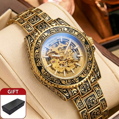 Men's Watch - 's Retro Skeleton Luminous with Steel Band - Vintage Carved - product detail view 8