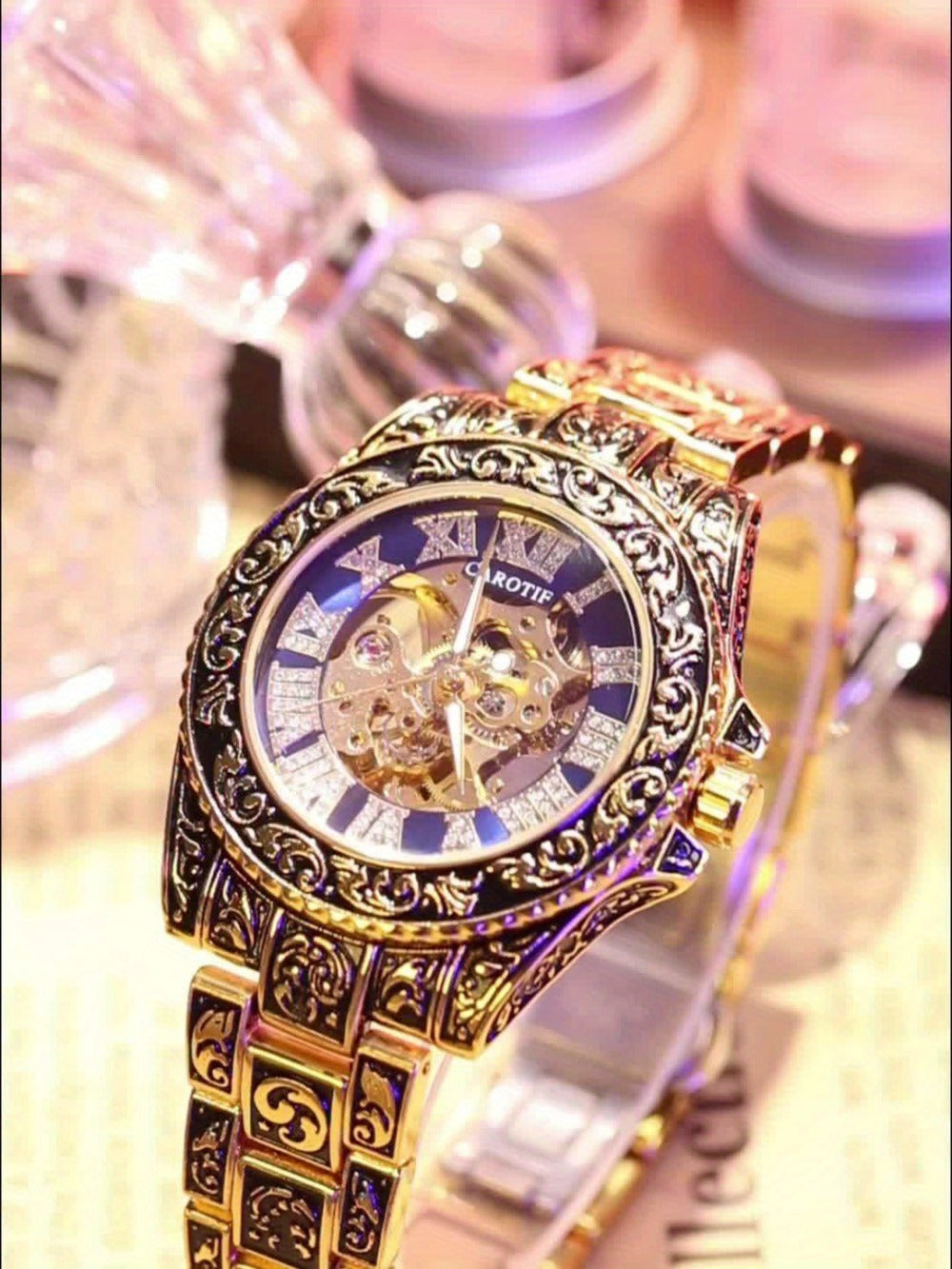 Men's Watch - 's Retro Skeleton Luminous with Steel Band - Vintage Carved - product detail view 14