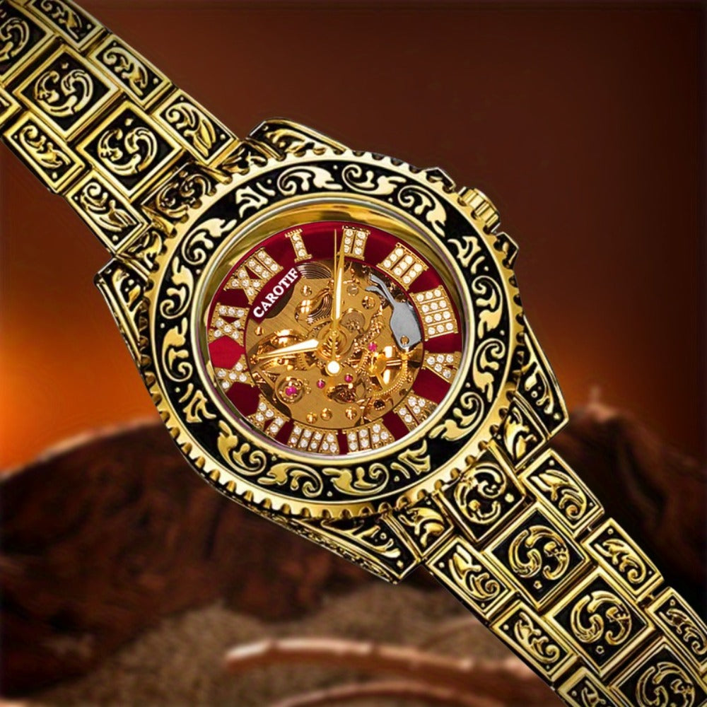 Men's Watch - 's Retro Skeleton Luminous with Steel Band - Vintage Carved - product detail view 15