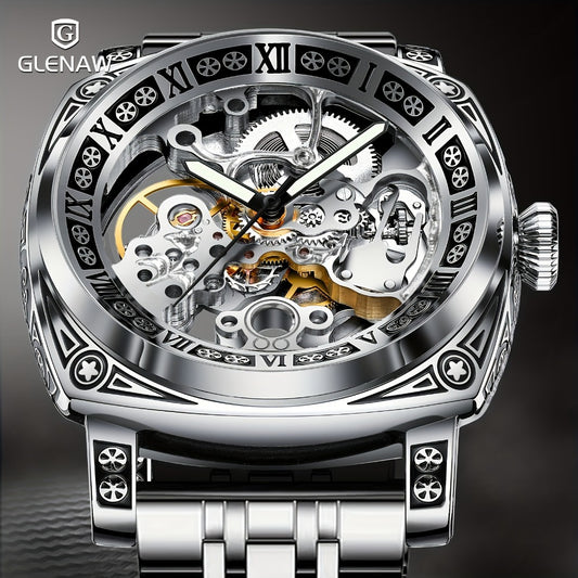 Men's Watch - 's Skeleton Automatic Mechanical GLENAW Retro Self-Winding Carved Dial - main product view