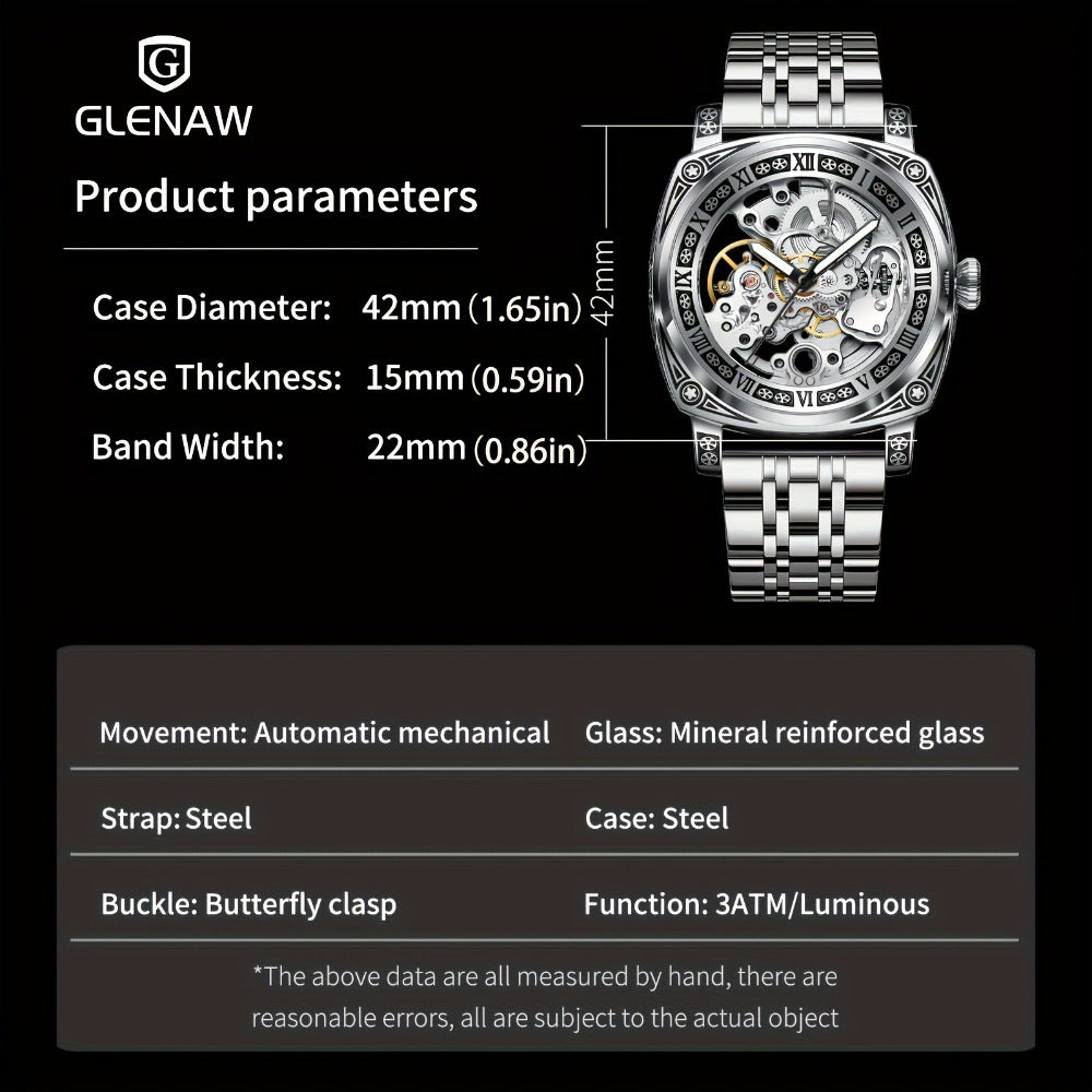 Men's Watch - 's Skeleton Automatic Mechanical GLENAW Retro Self-Winding Carved Dial - product detail view 2