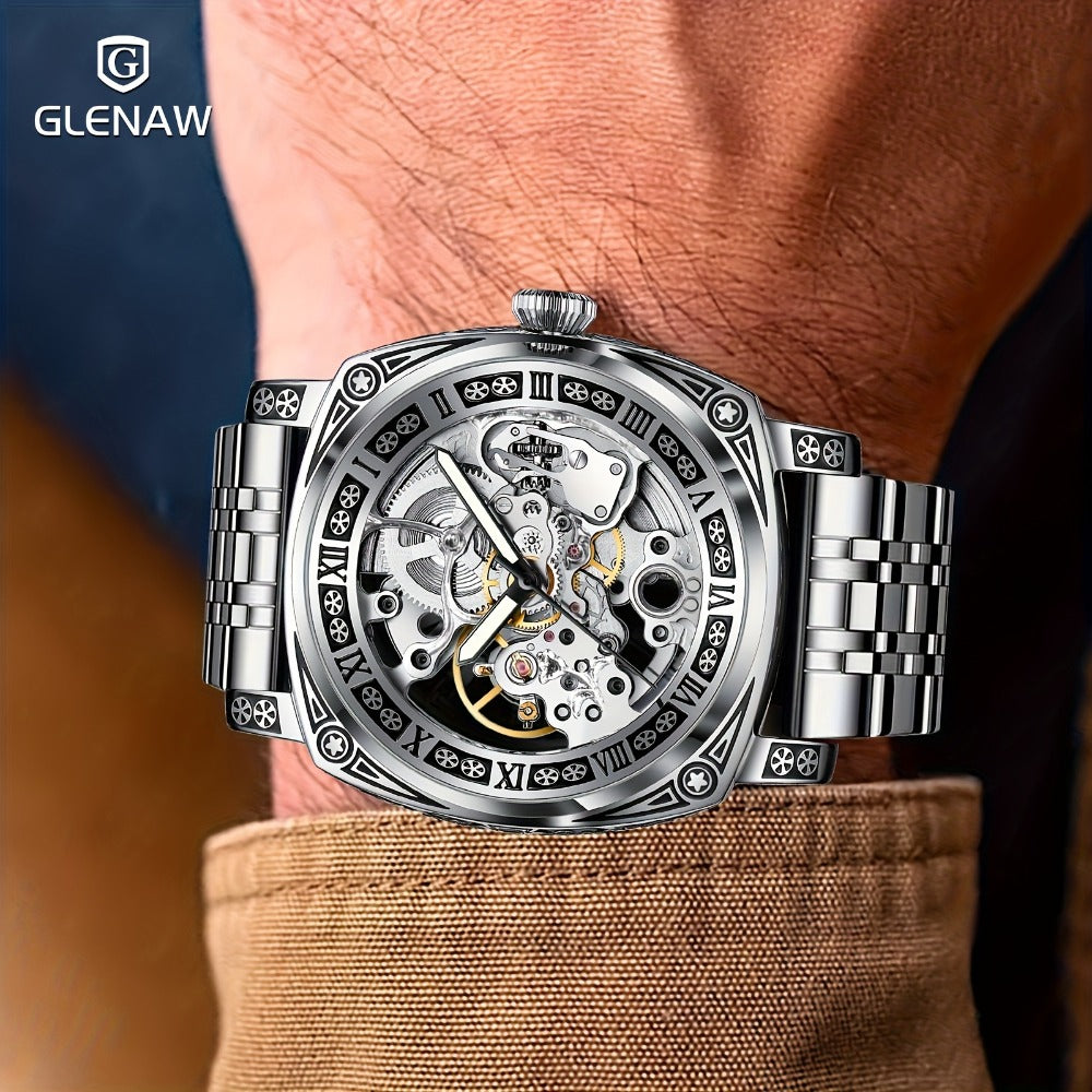 Men's Watch - 's Skeleton Automatic Mechanical GLENAW Retro Self-Winding Carved Dial - product detail view 8