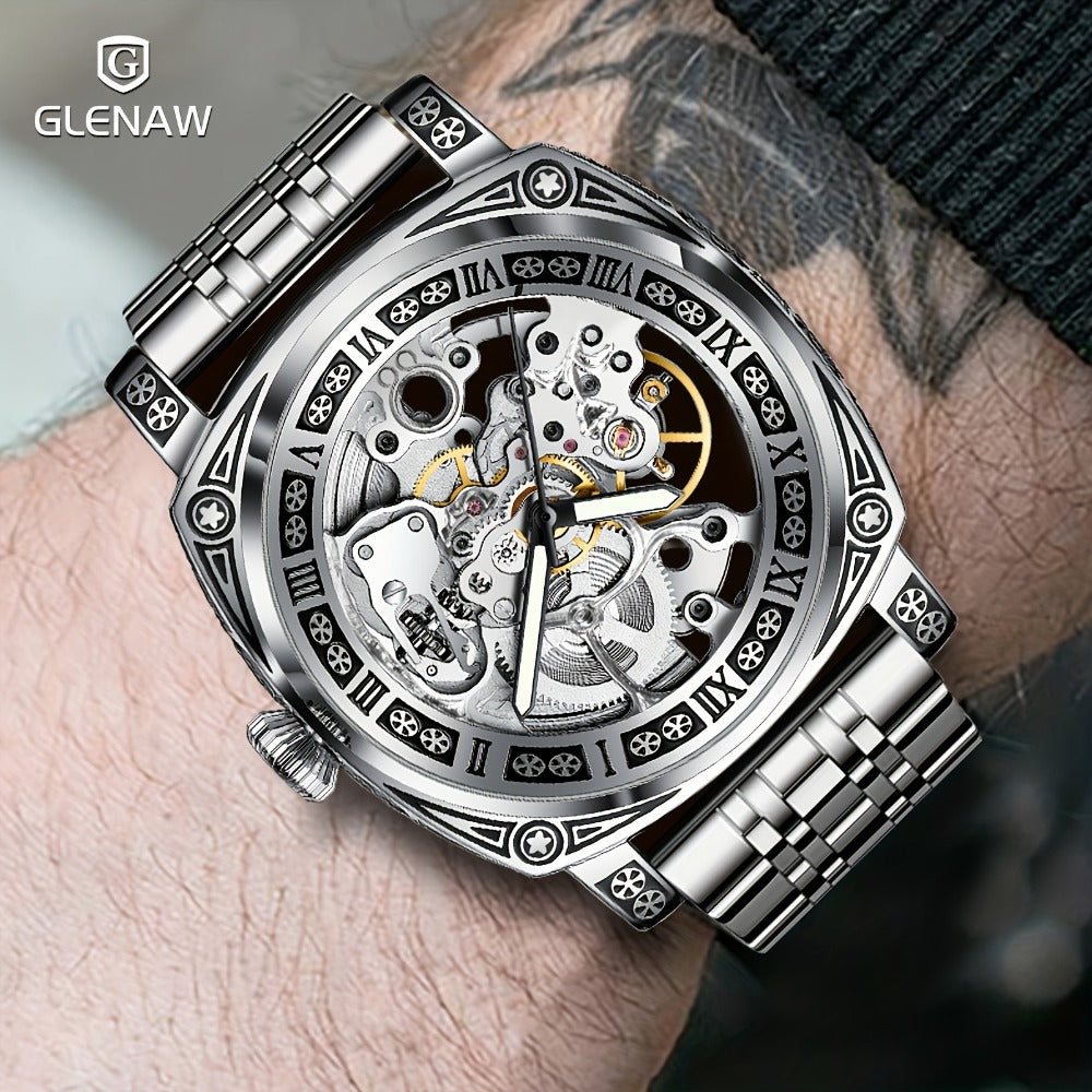 Men's Watch - 's Skeleton Automatic Mechanical GLENAW Retro Self-Winding Carved Dial - product detail view 10