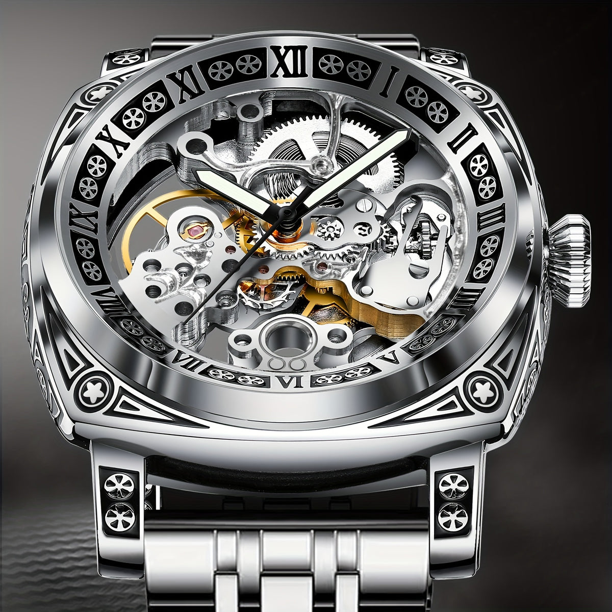 Men's Watch - 's Skeleton Automatic Mechanical GLENAW Retro Self-Winding Carved Dial - product detail view 15