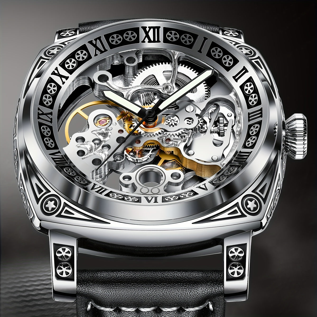 Men's Watch - 's Skeleton Automatic Mechanical GLENAW Retro Self-Winding Carved Dial - product detail view 16