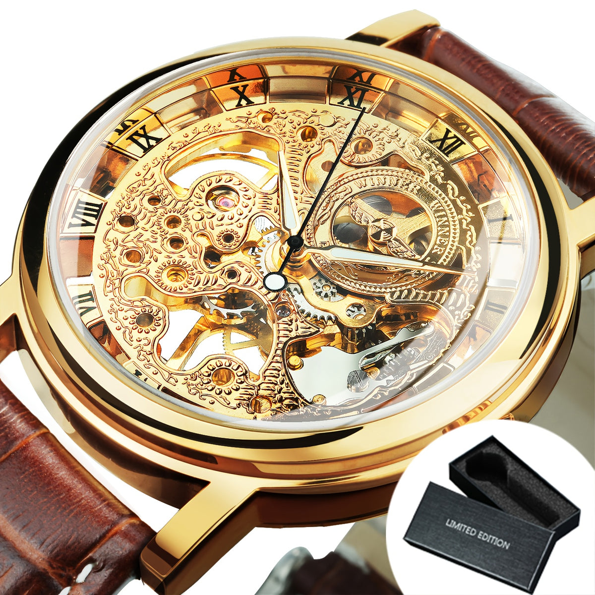 Men's Watch - Skeleton Mechanical for Hand Wind Gold Luxury Open Dial 38mm Stainless - product detail view 12