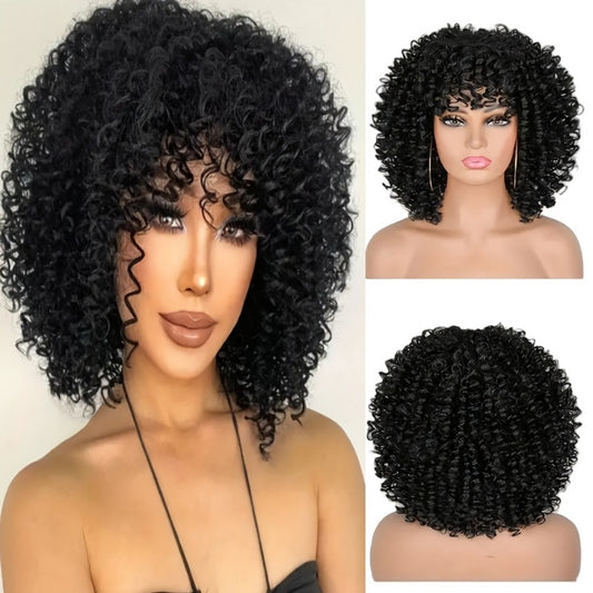 Women's Wig - Afro Coily with Bangs 14 Inch Natural Ombre Brown Heat-Resistant High - main product view