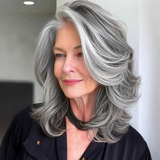 Women's Wig - Grey Bob Mullet with Curtain Bangs for - 14 Inch Short Layered Wavy Light - main product view