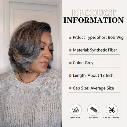 Women's Wig - Grey Pixie Cut | Silvery Straight Bob with Bangs, 12 Inch Highlight - product detail view 8