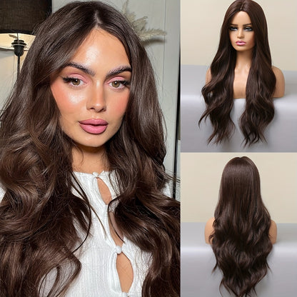Women's Wig - Long Wavy 22 Inch Glueless Body Wave Synthetic Hair for Men Dark Brown - product detail view 3